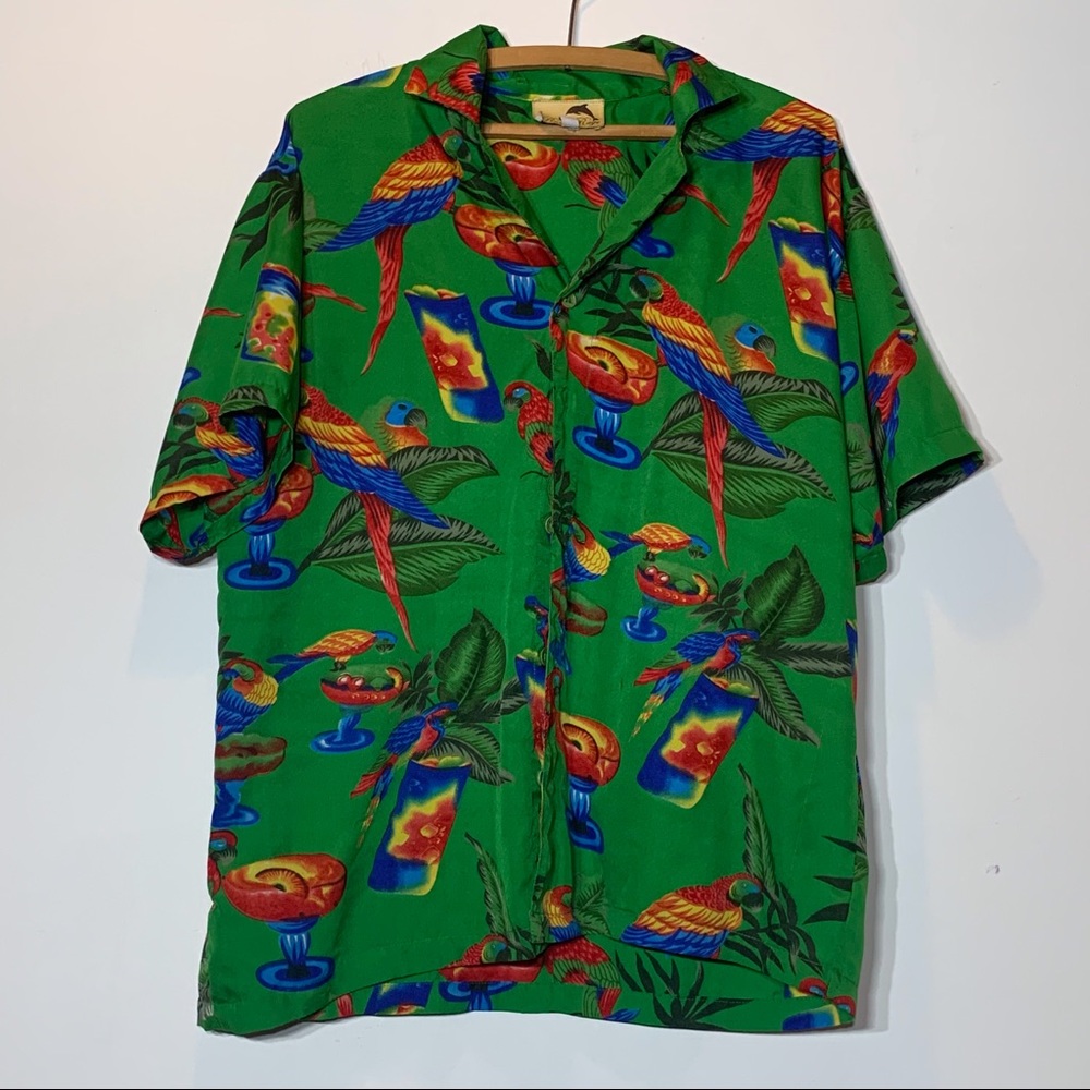 EUC Vintage Ramp Rage‎ Hawaiian Shirt Parrot & Tropical Drink Print Bright Green